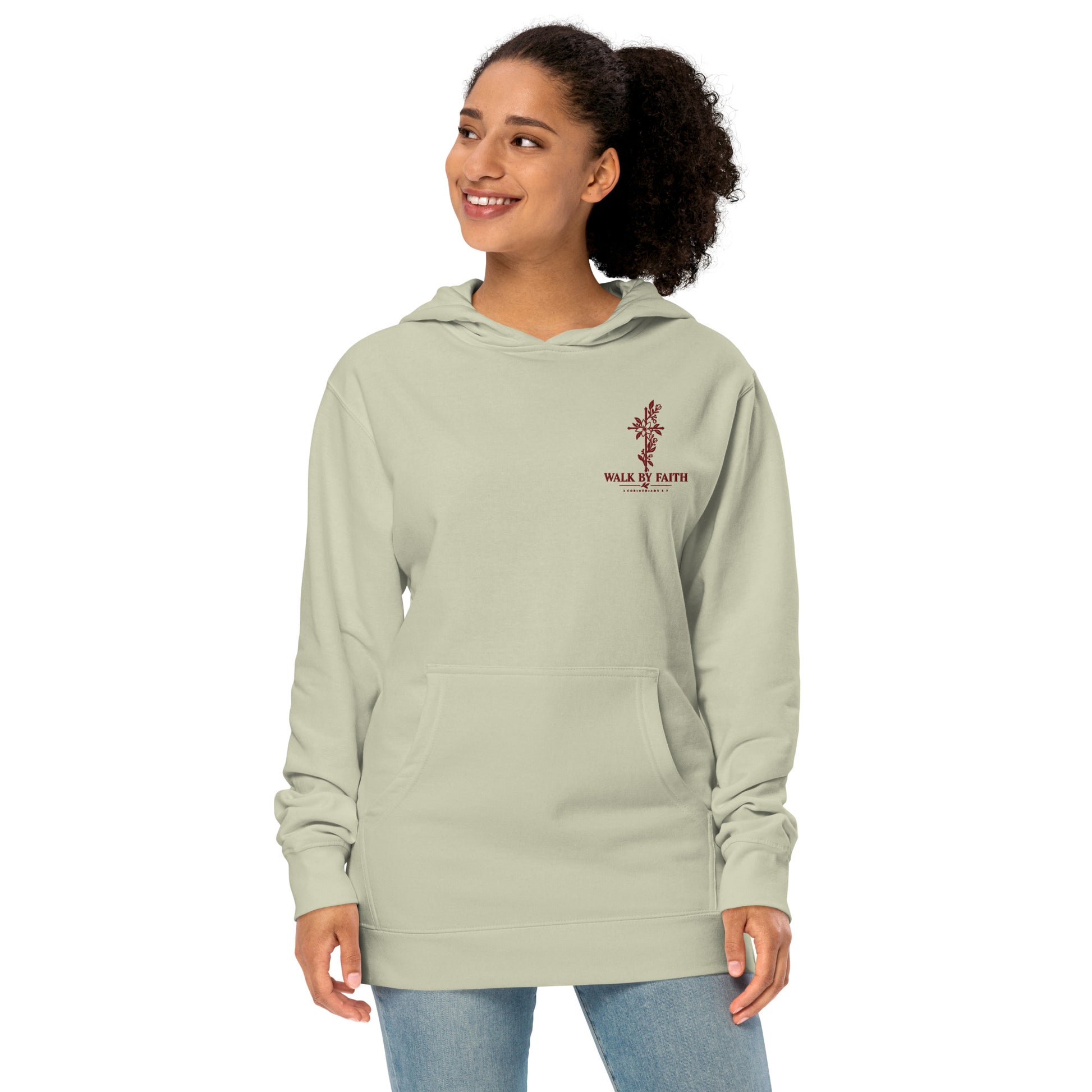 Women's Dusty Sage 2 Corinthians 5:7 Christian hoodie with botanical cross embroidery
