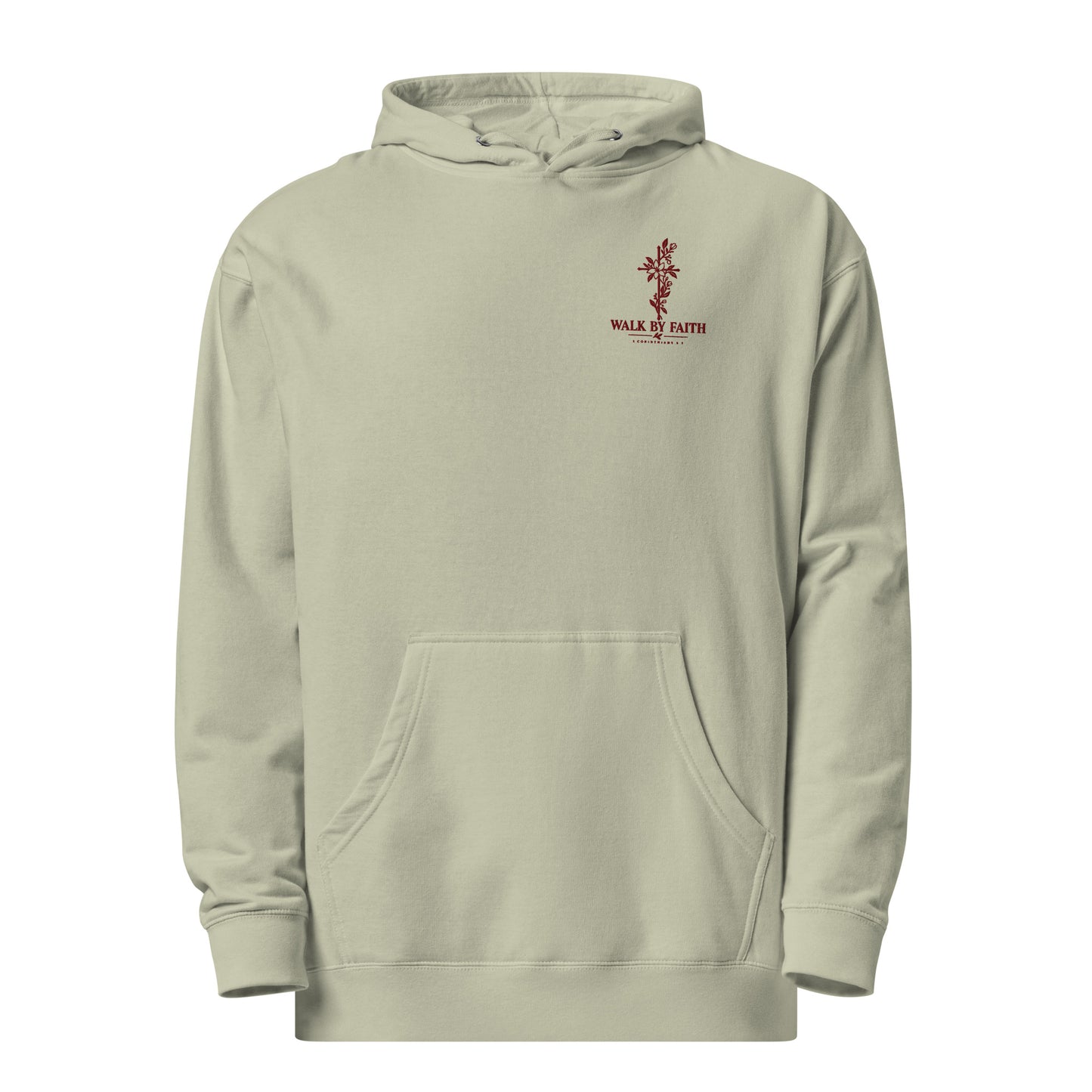 Dusty Sage women's Walk by Faith Christian hoodie with maroon floral cross embroidery