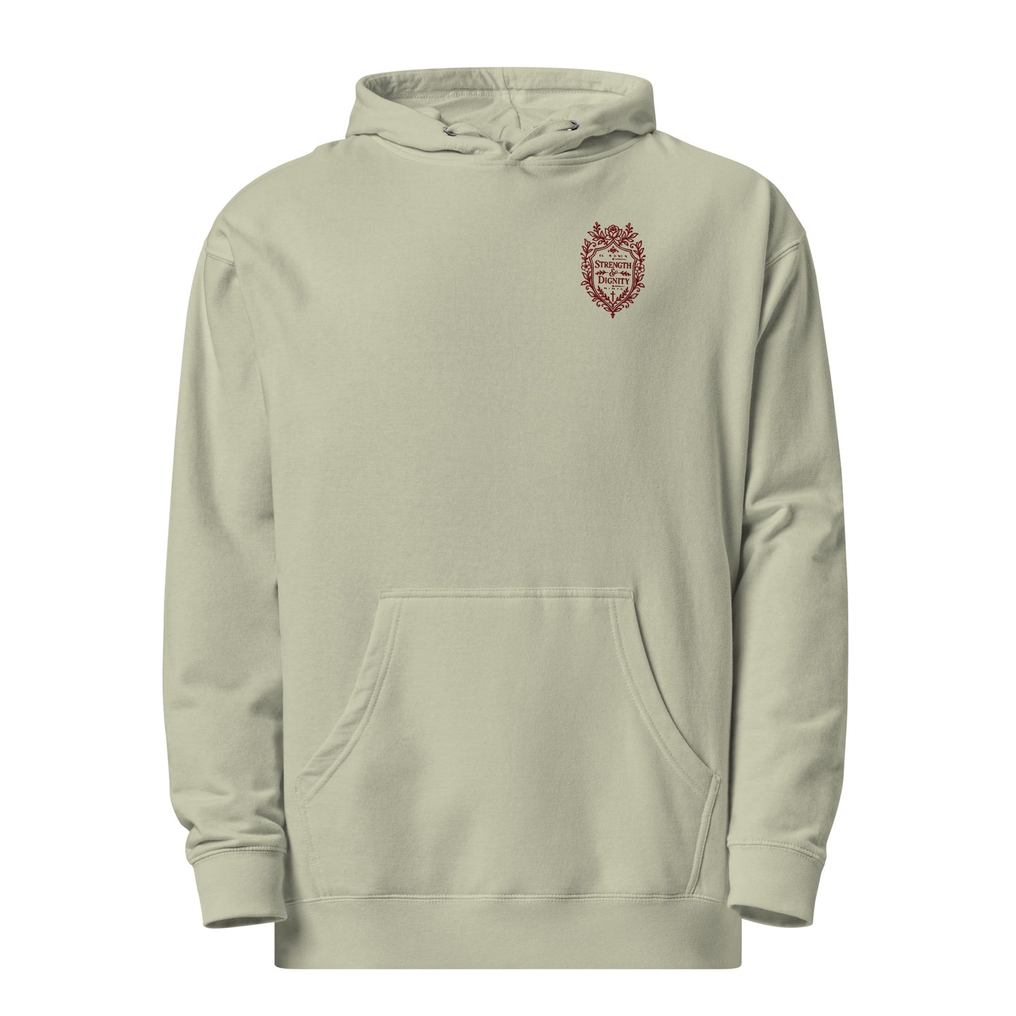 Sage women's Christian hoodie featuring Strength and Dignity Proverbs 31:25 maroon embroidery