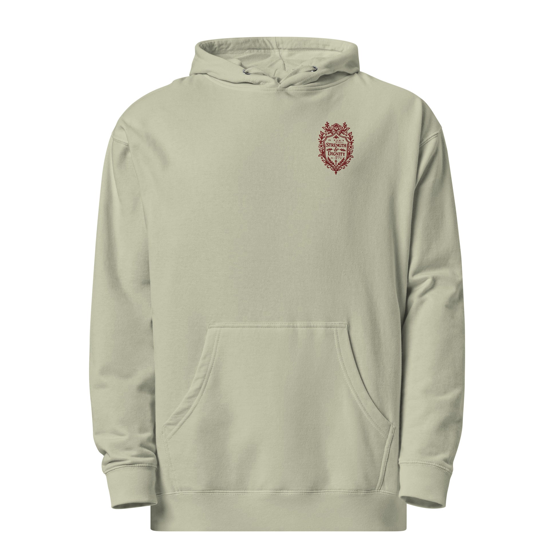 Sage women's Christian hoodie featuring Strength and Dignity Proverbs 31:25 maroon embroidery