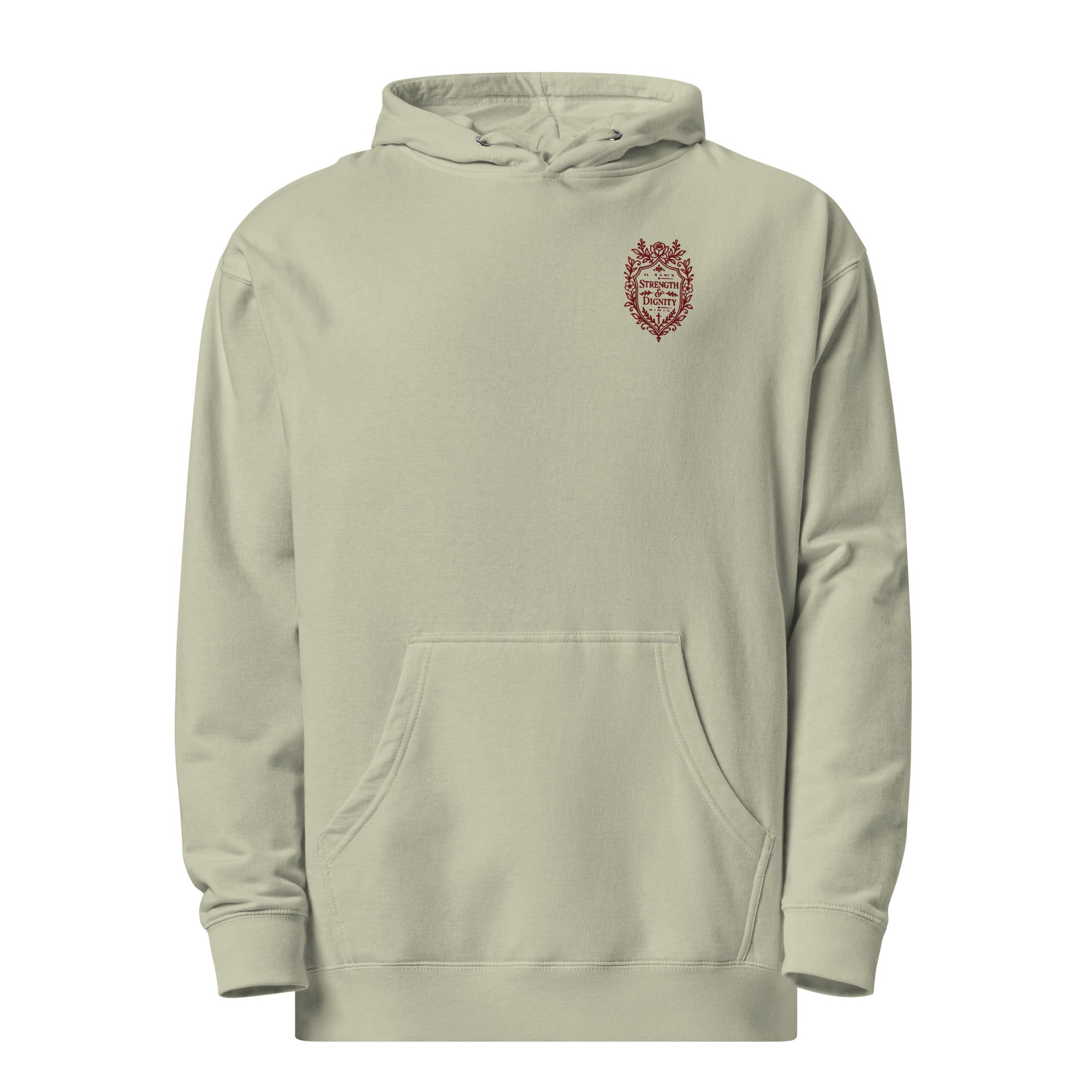 Sage women's Christian hoodie featuring Strength and Dignity Proverbs 31:25 maroon embroidery