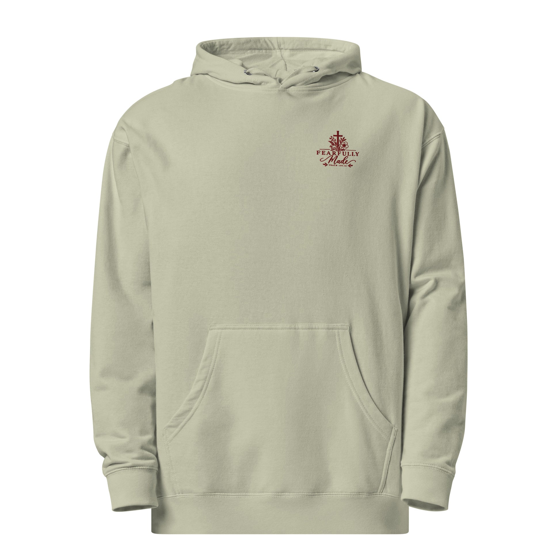 Dusty Sage women's Christian hoodie featuring Fearfully Made Psalm 139:14 maroon embroidery