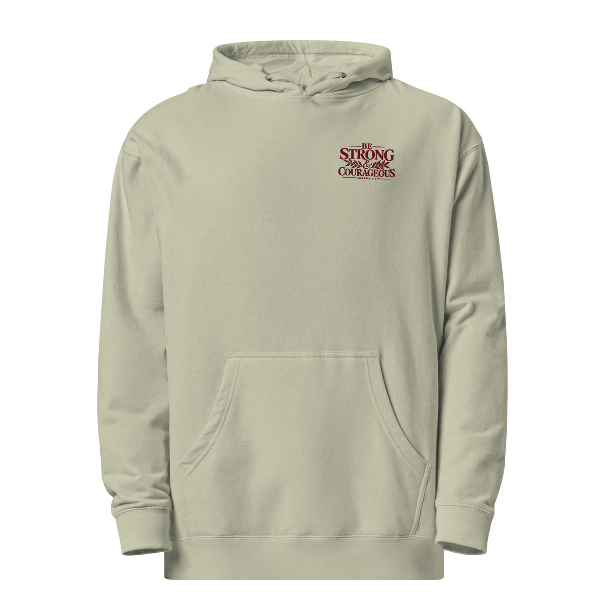 Be Strong and Courageous women's Christian hoodie in Dusty Sage with Joshua 1:9 embroidery