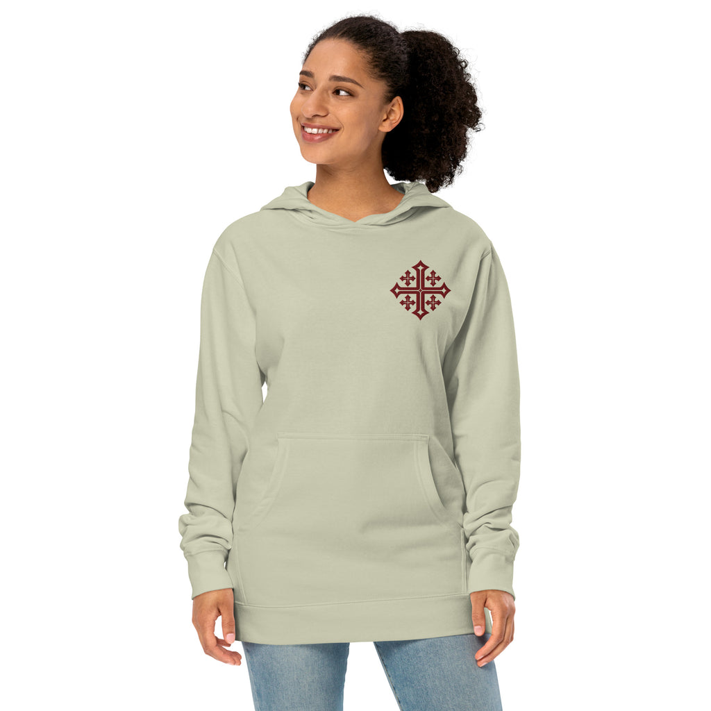 Female model wearing Dusty Sage Christian hoodie with maroon Jerusalem Cross chest design