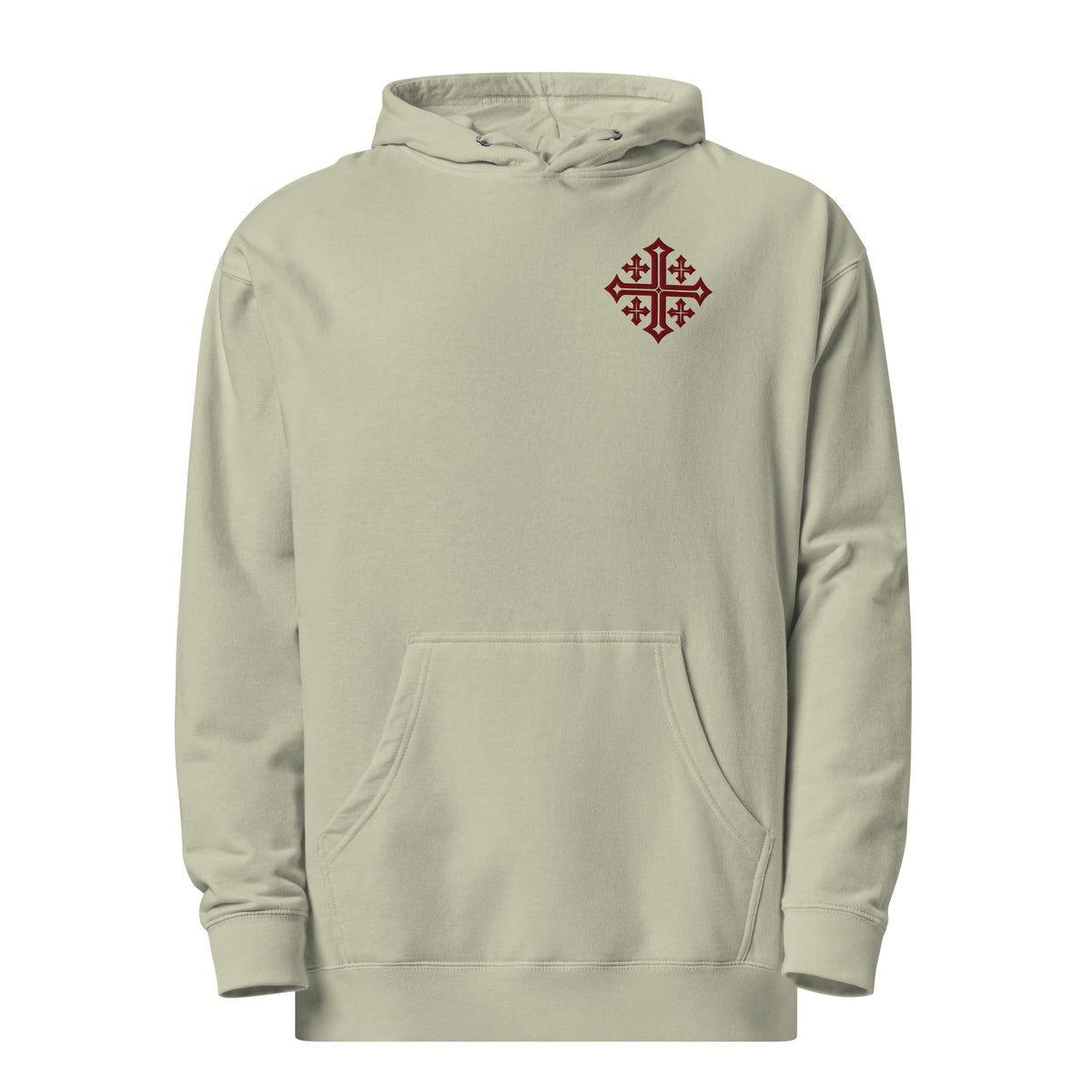 Dusty Sage women’s Jerusalem Cross Christian hoodie with refined maroon left-chest design