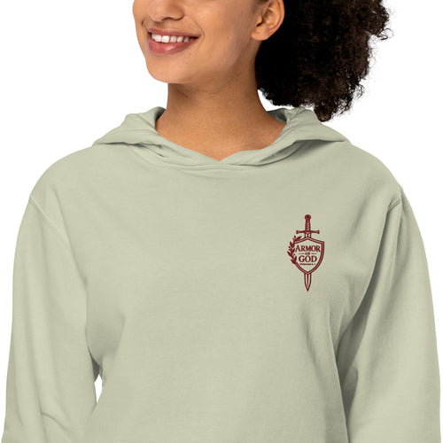 Dusty Sage Armor of God women’s Christian hoodie with maroon sword, shield, botanical detail and Ephesians 6:11 left-chest embroidery