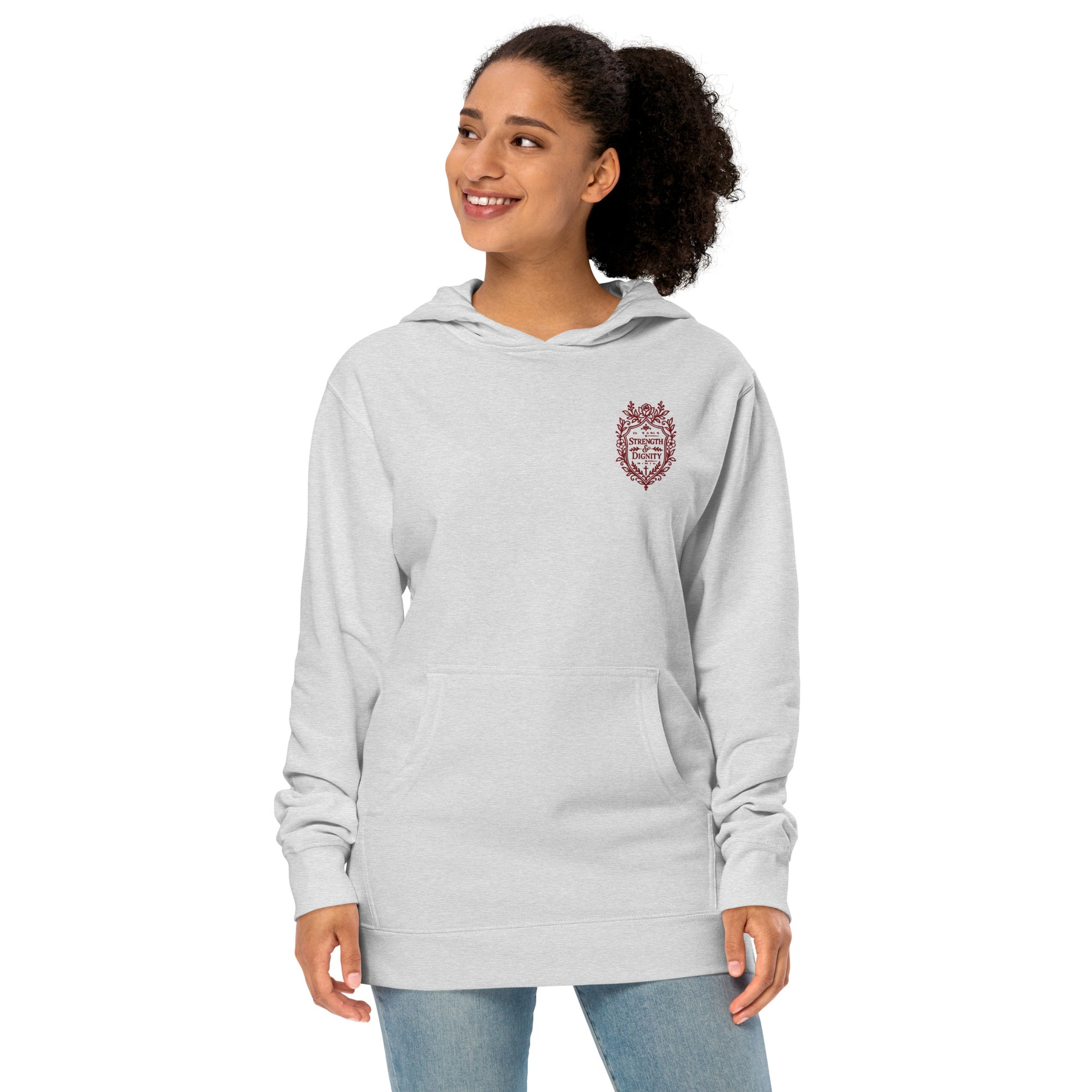 Woman wearing Heather Grey Proverbs 31:25 Christian hoodie with Strength and Dignity left-chest embroidery