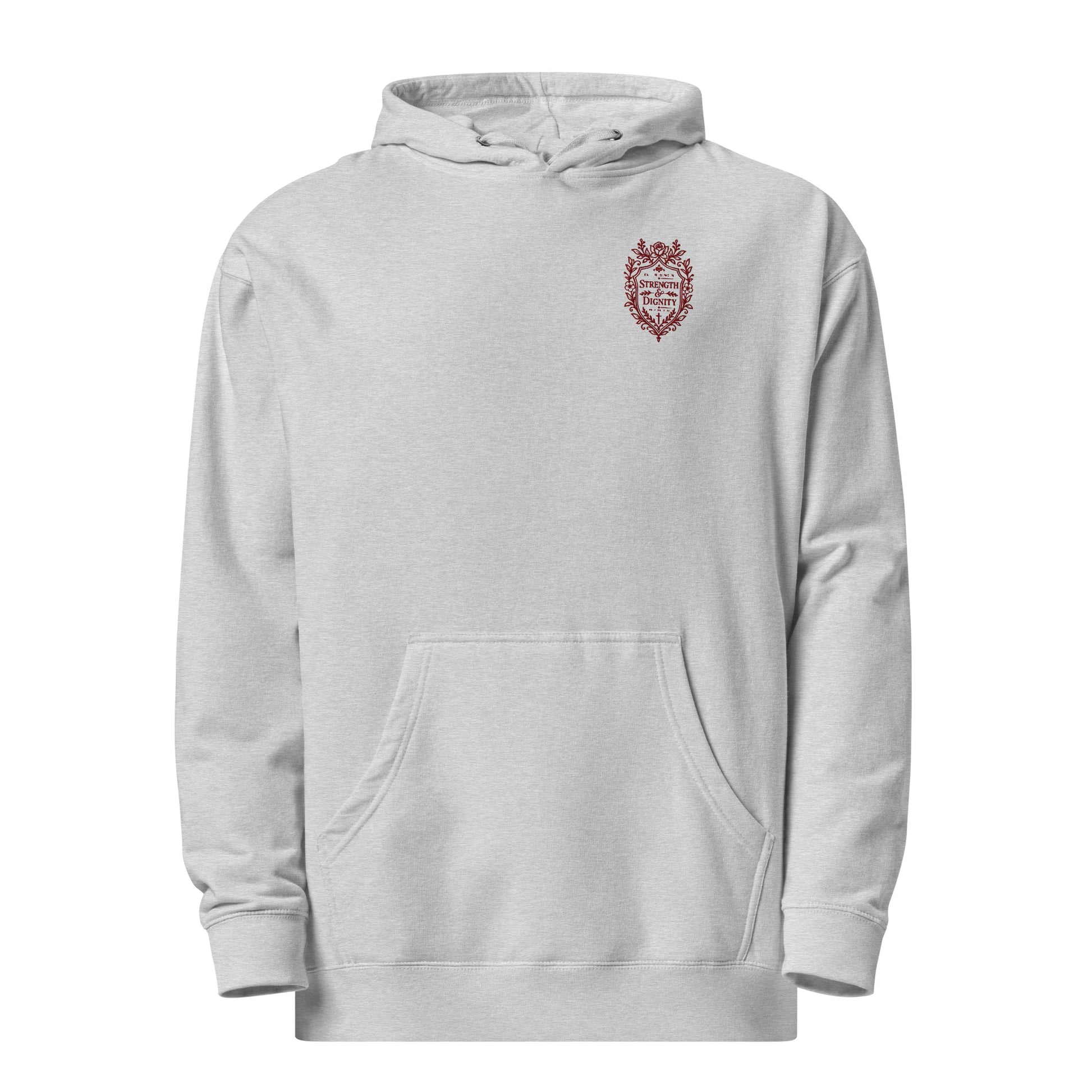 Heather Grey Strength and Dignity women's Christian hoodie with subtle maroon Scripture embroidery
