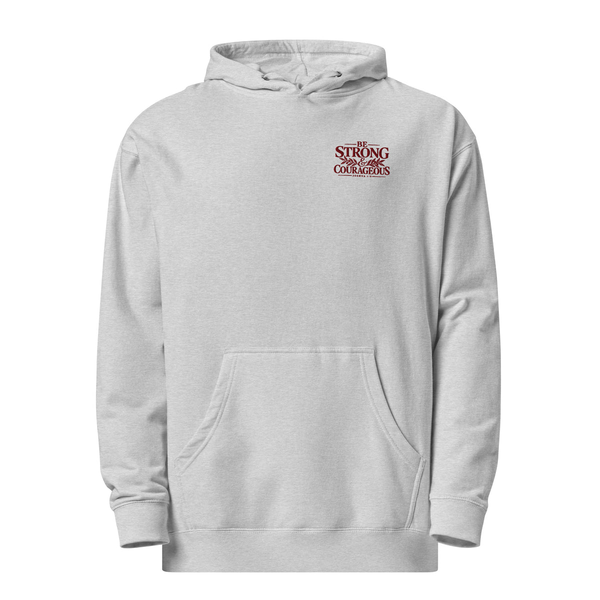 Women's Heather Grey Christian hoodie featuring Be Strong and Courageous Joshua 1:9 embroidery