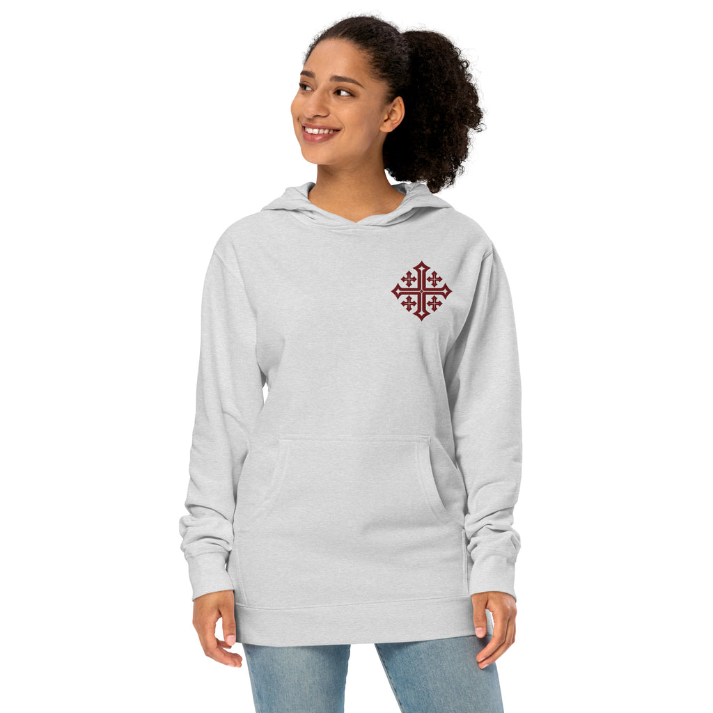 Woman wearing Heather Grey Jerusalem Cross Christian hoodie with subtle maroon embroidery