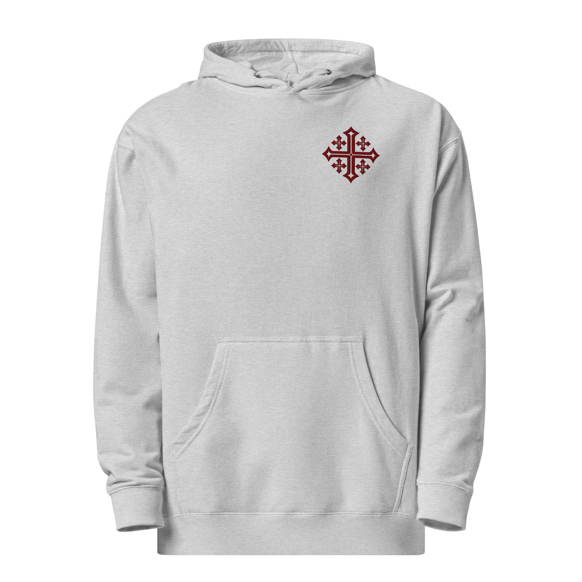 Heather Grey Christian hoodie featuring maroon Jerusalem Cross embroidery for women