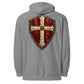 Super Luxury men’s Christian hoodie with large cross and battle-worn shield design
