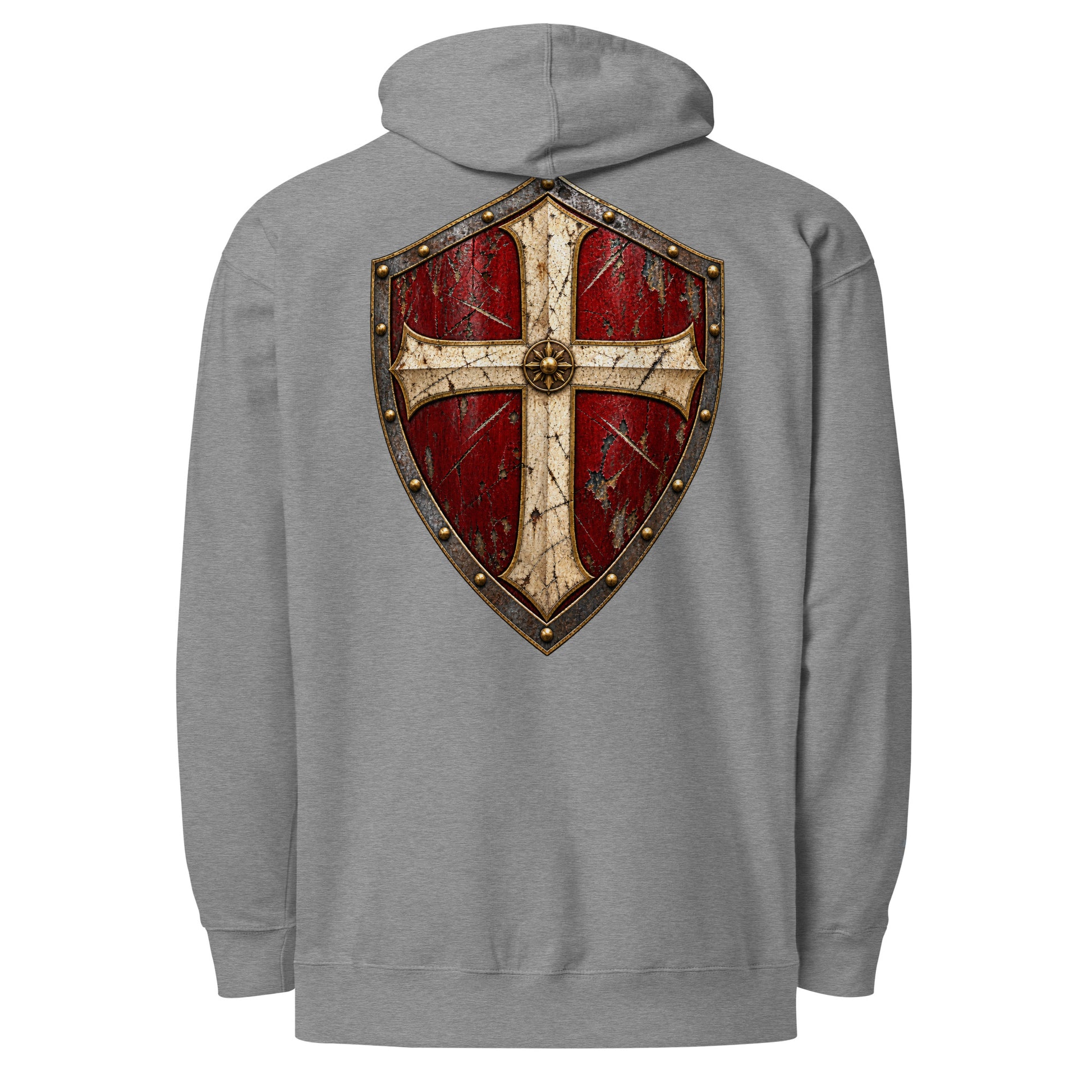 Super Luxury men’s Christian hoodie with large cross and battle-worn shield design