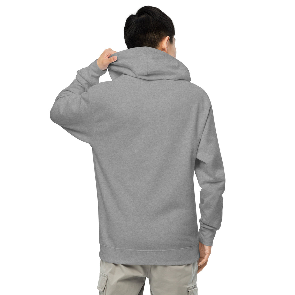 Rear view of Gunmetal Grey premium Christian hoodie worn by male model