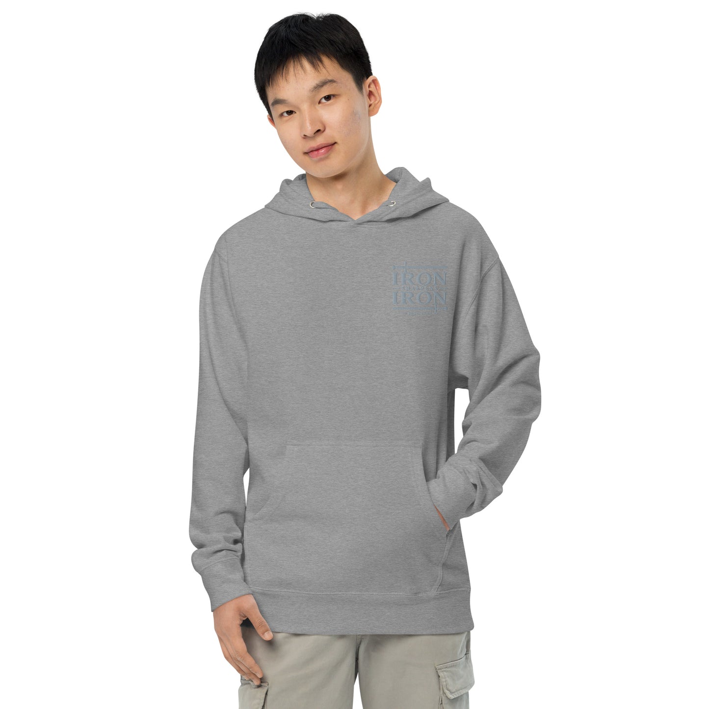 Men's gunmetal grey Christian hoodie featuring Iron Sharpens Iron embroidery