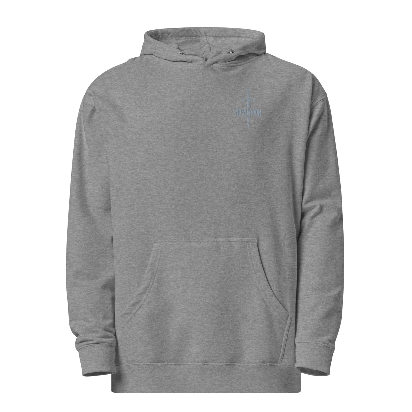 Gunmetal grey Isaiah 54:17 Christian hoodie with minimalist broken sword embroidery