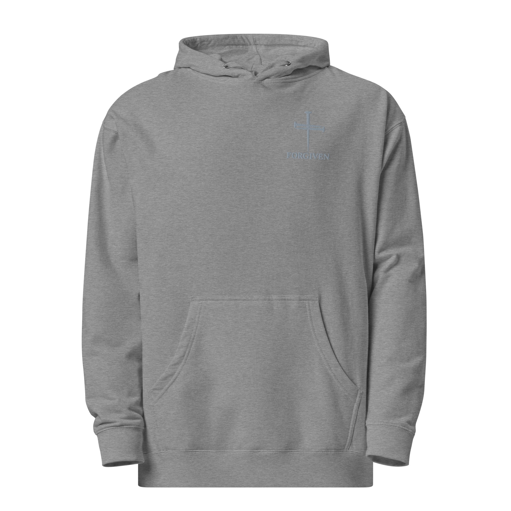 Forgiven men's Christian embroidered hoodie in Gunmetal Grey with three nail cross