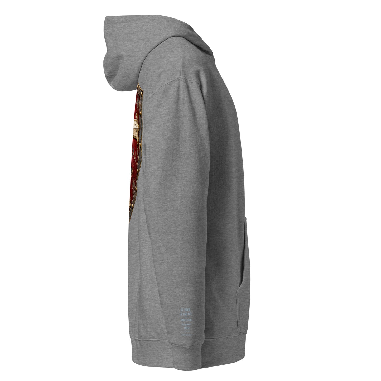 Romans 8:31 sleeve detail on Stand Firm Super Luxury men’s Christian hoodie