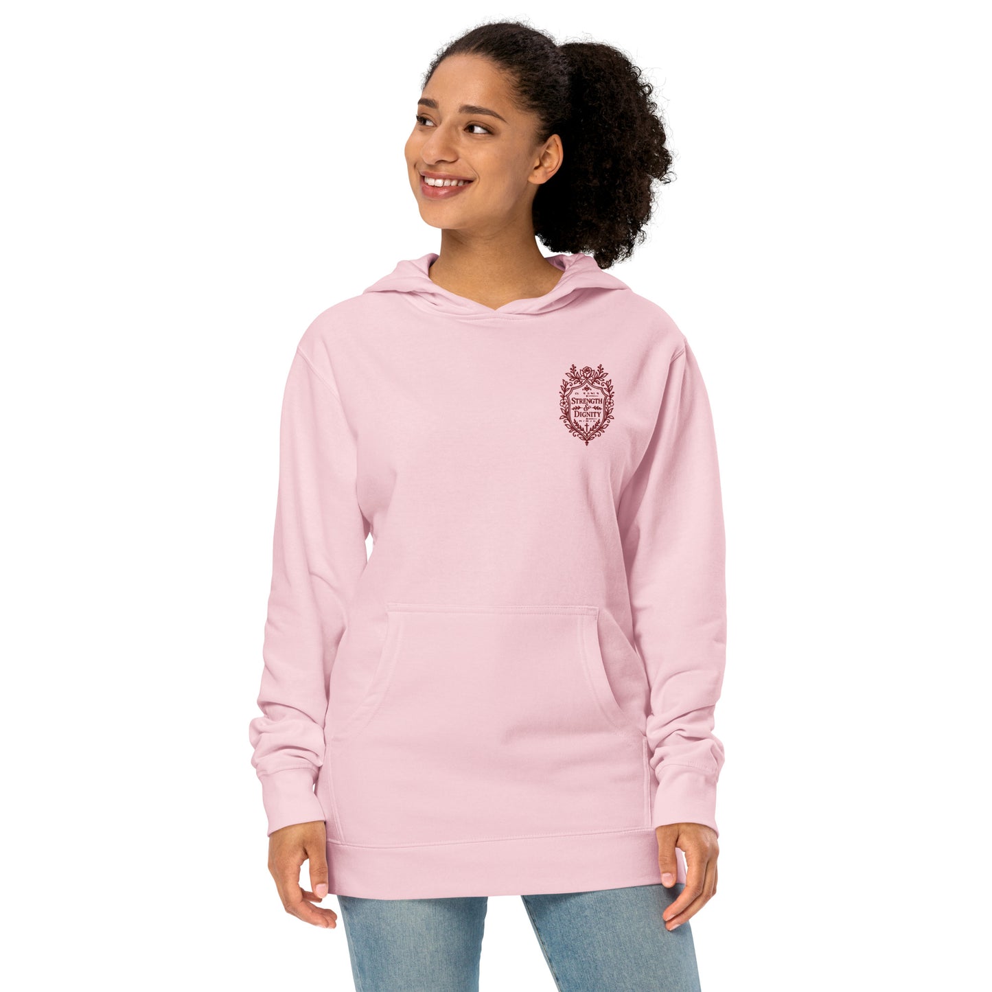 Woman modeling Light Pink Strength and Dignity women's Christian embroidered hoodie