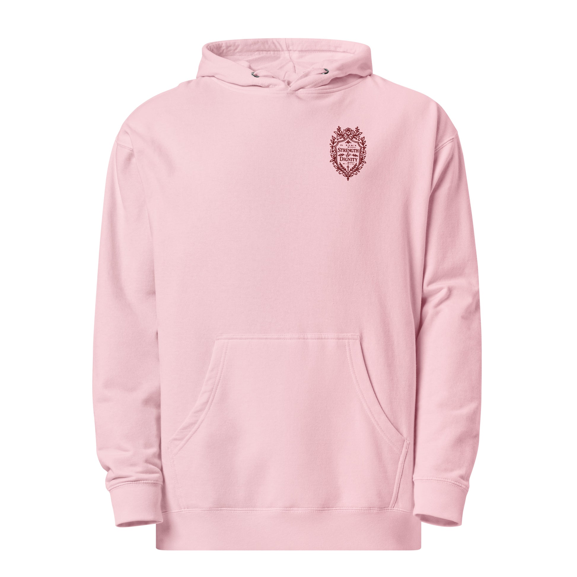 Light Pink women's embroidered Christian hoodie featuring Proverbs 31:25 Strength and Dignity design