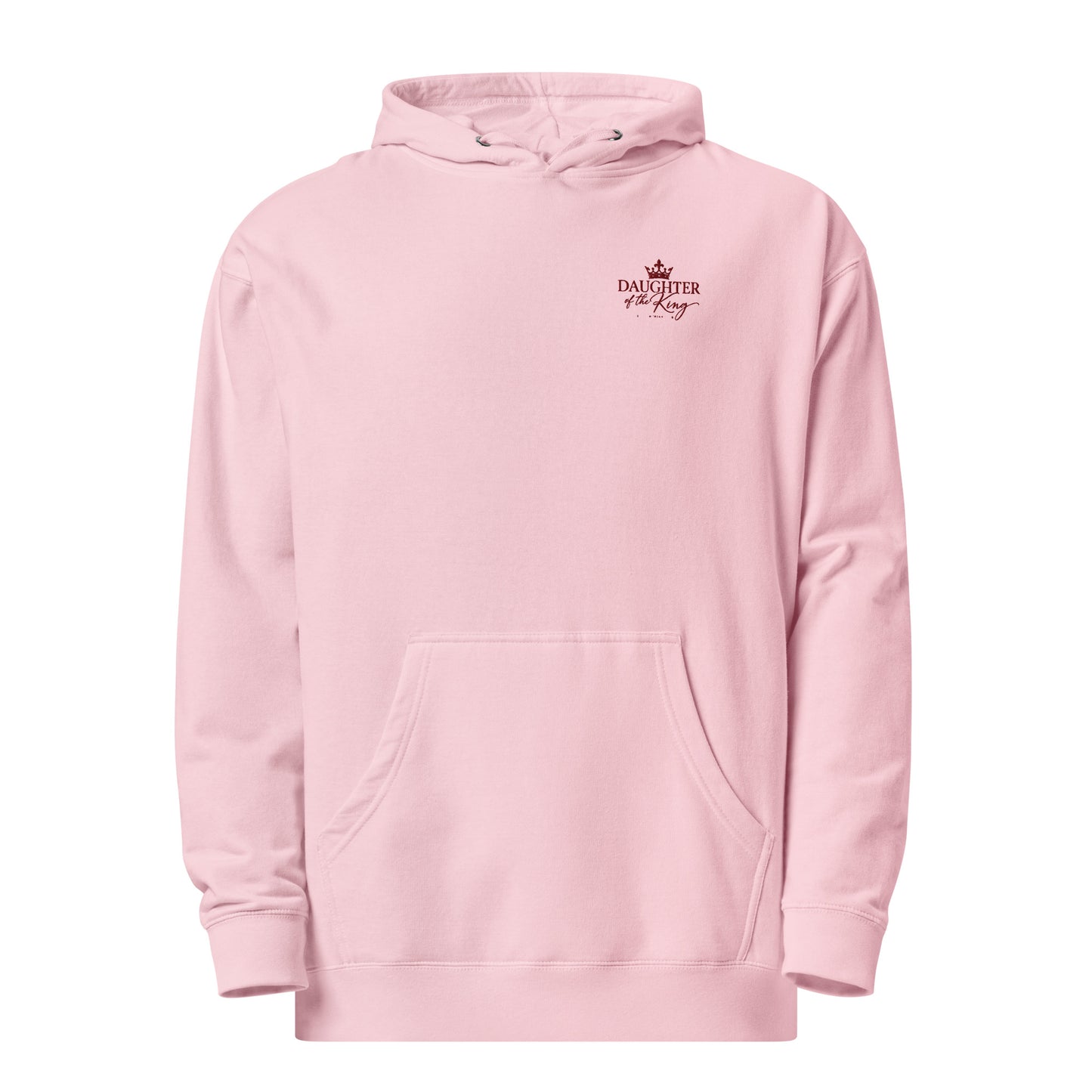 Light Pink women's embroidered Christian hoodie featuring Daughter of the King crown design