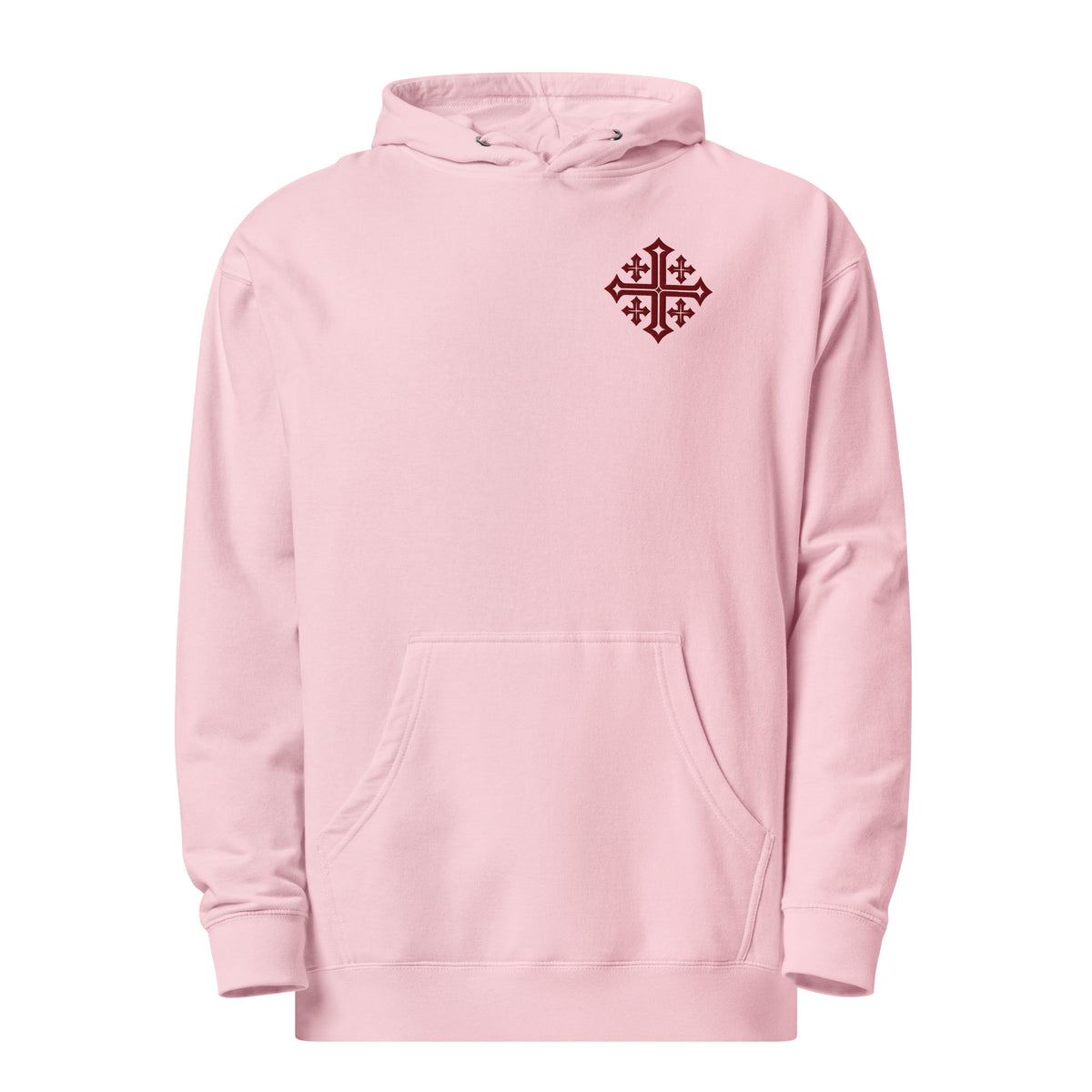 Light Pink Jerusalem Cross women’s hoodie with feminine maroon five-cross chest design