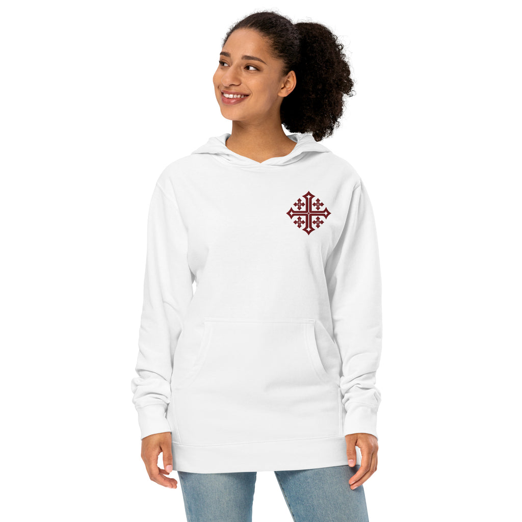 Female model wearing white Jerusalem Cross Christian hoodie with maroon left-chest design