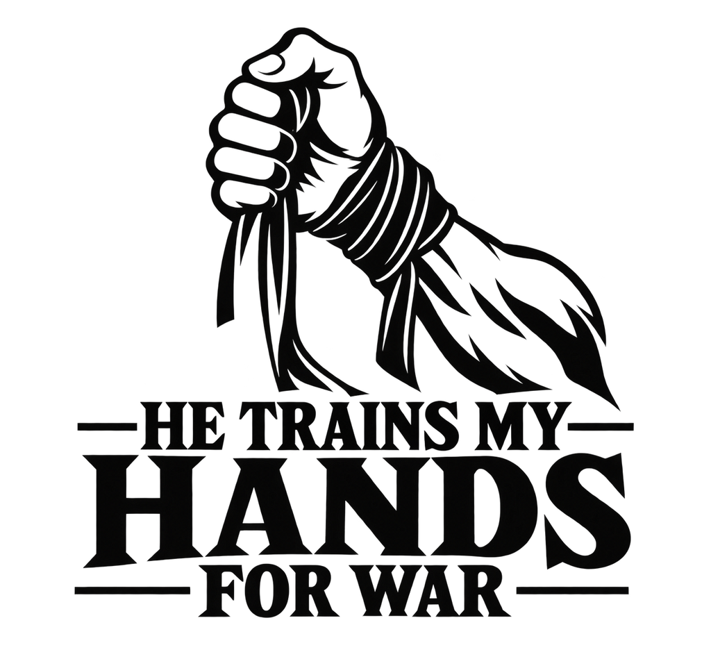 1. He Trains My Hands for War Psalm 144:1 embroidery artwork with sword mountains and bold lettering