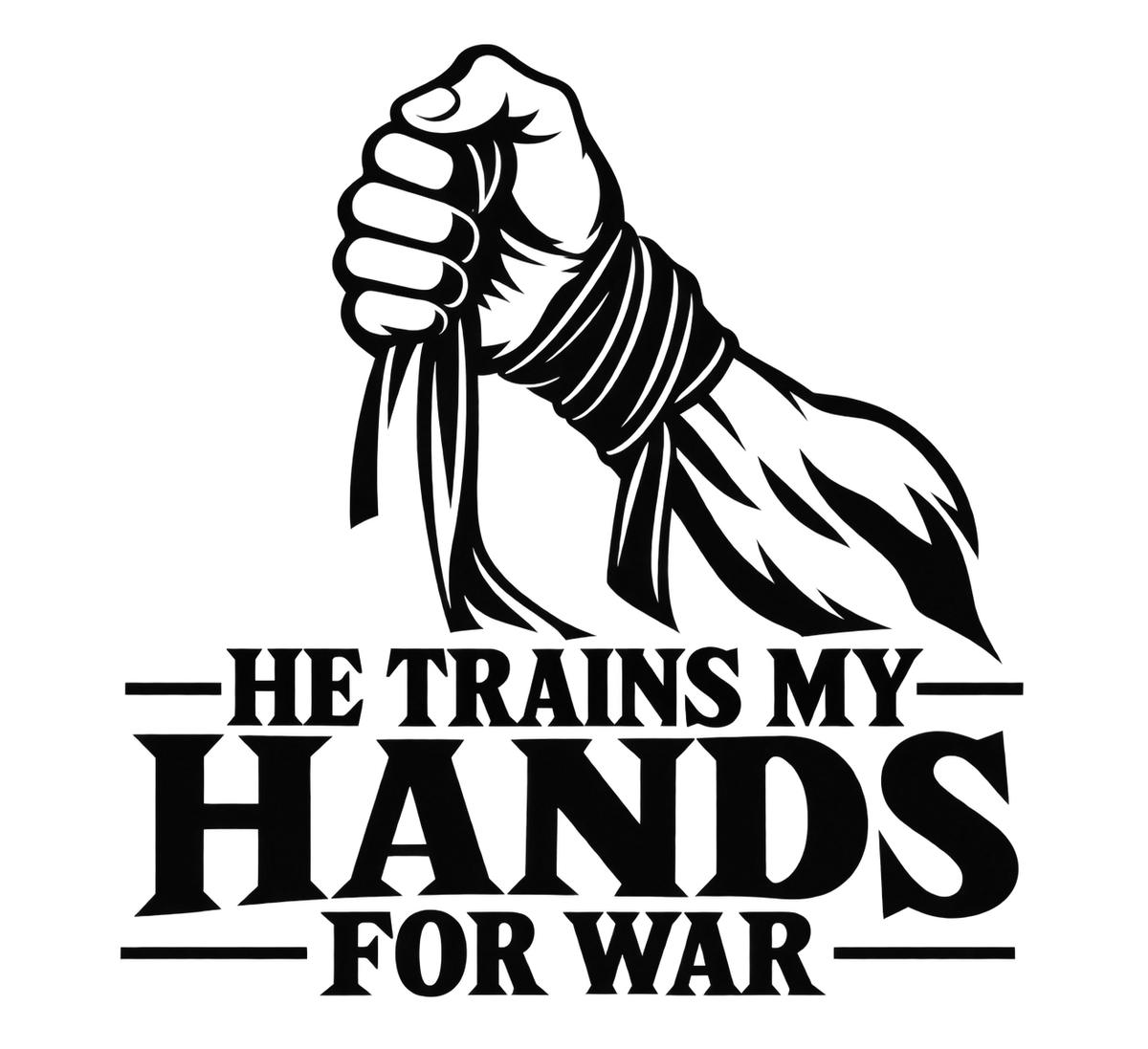 1. He Trains My Hands for War Psalm 144:1 embroidery artwork with sword mountains and bold lettering